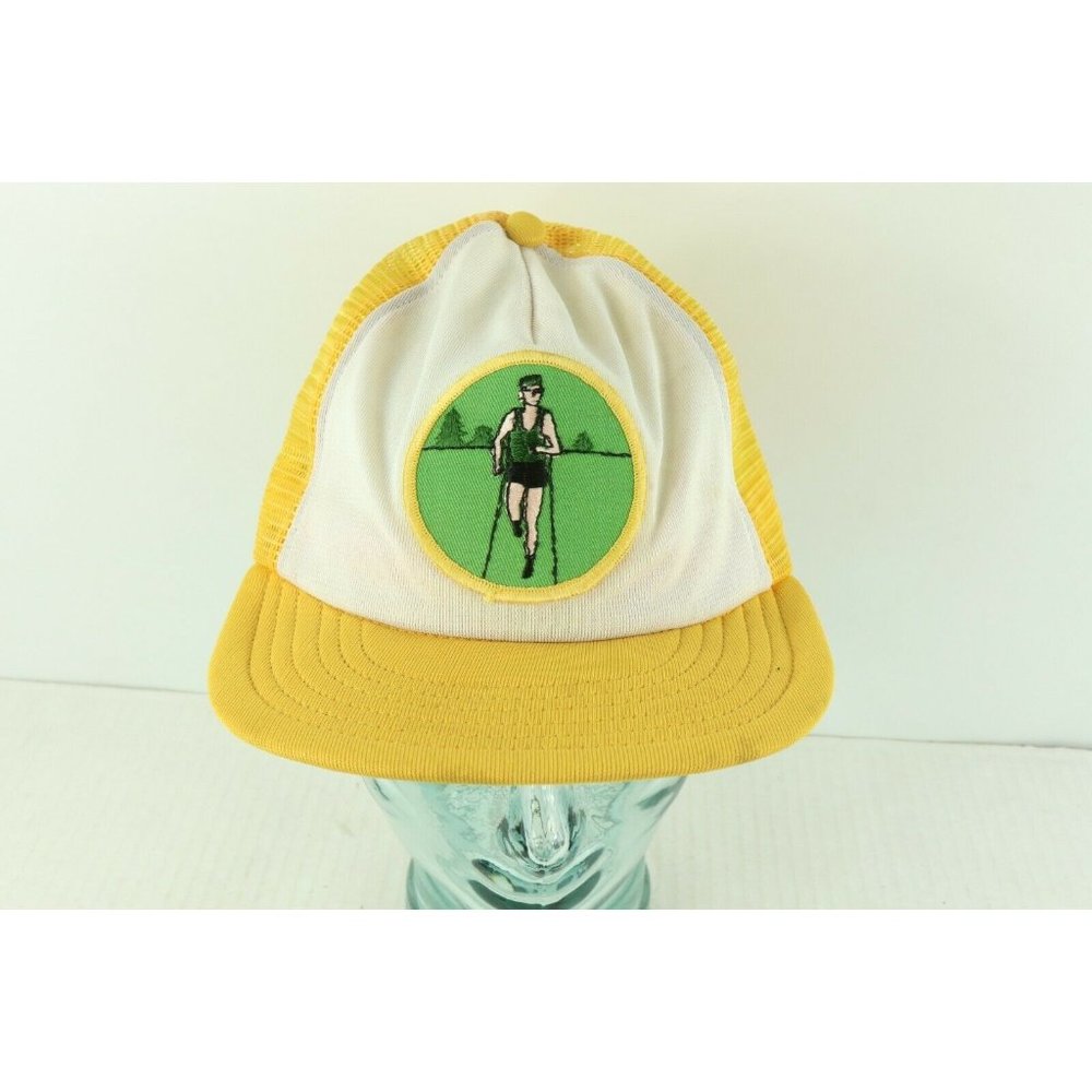 Vintage 70s Cross Country Runner Running Patch Trucker Hat Snapback Yellow USA